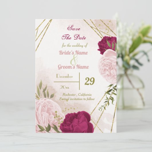 Magenta roze bloemen groene bladeren save the date (Staand voorkant)