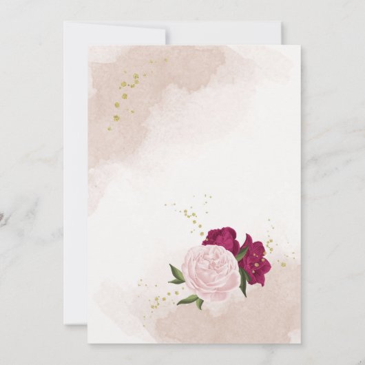 Magenta roze bloemen groene bladeren save the date (Achterkant)