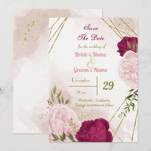 Magenta roze bloemen groene bladeren save the date (Voorkant / Achterkant)