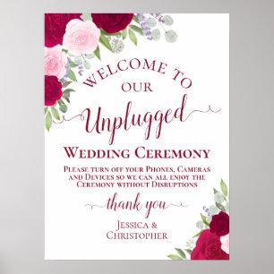 Magenta & Roze Bloemen Unplugged Wedding Ceremony Poster