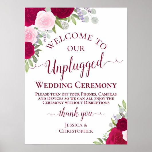 Magenta & Roze Bloemen Unplugged Wedding Ceremony Poster (Voorkant)
