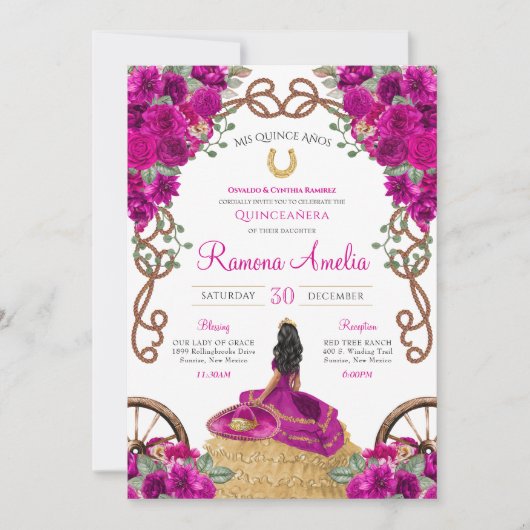 Magenta Roze Bloemen Western Charra Quinceañera Kaart (Voorkant)