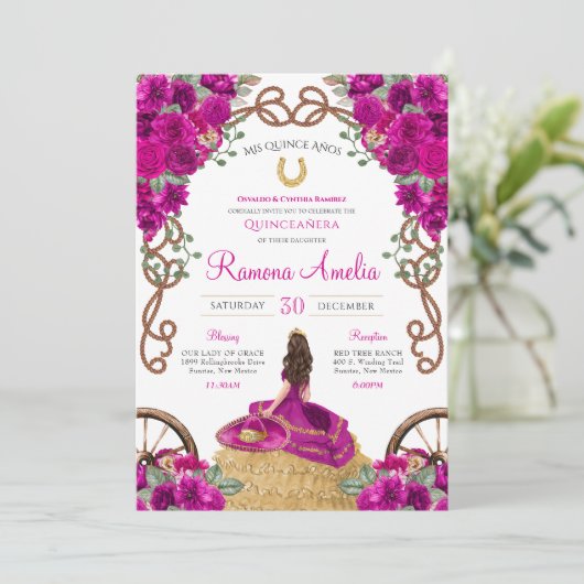 Magenta Roze Bloemen Western Charro Quinceanera Kaart (Staand voorkant)