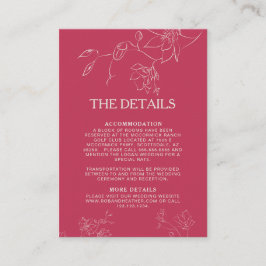 Magenta roze Boho Floral Botanical Wedding Detail Informatiekaartje