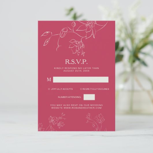 Magenta roze Boho Floral Botanical Wedding Detail RSVP Kaartje (Staand voorkant)