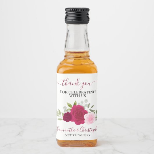 Magenta & Roze Boho Rozen bruiloft Dank u Mini Likeurfles Etiket (Voorkant)