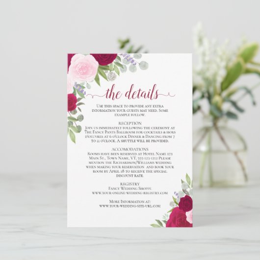 Magenta & Roze Boho Rozen Rustieke bruiloft Detail Informatiekaartje (Staand voorkant)
