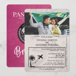 Magenta Roze Brazilië Paspoort Huwelijksuitnodigin Kaart