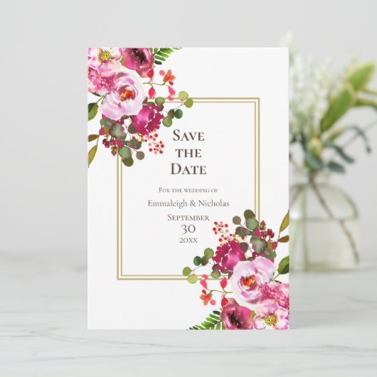 Magenta roze bruiloft slaat de datum op kaart (Staand voorkant)