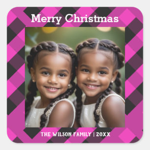 Magenta Roze Buffalo Plaid Aangepaste Foto Kerstmi Vierkante Sticker