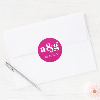 Magenta roze elegante monogram bruiloft ronde sticker