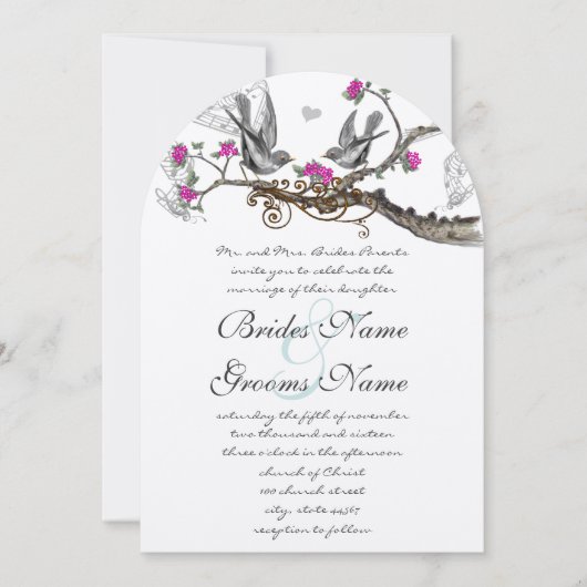 Magenta roze en grijze vogelwoud bruiloft kaart (Voorkant)