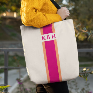 Magenta Roze en Oranje Klassieke stripe monogram Tote Bag