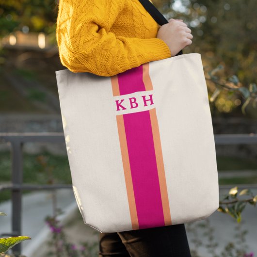 Magenta Roze en Oranje | Klassieke stripe monogram Tote Bag