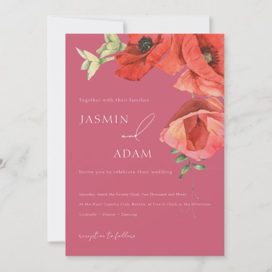 Magenta Roze en Rode Klaprozen Bruiloft Uitnodigin Kaart (Voorkant)