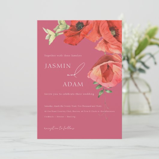 Magenta Roze en Rode Klaprozen Bruiloft Uitnodigin Kaart (Staand voorkant)