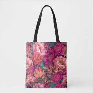 Magenta Roze en Teal Maximalistische Bloemen Tote Bag
