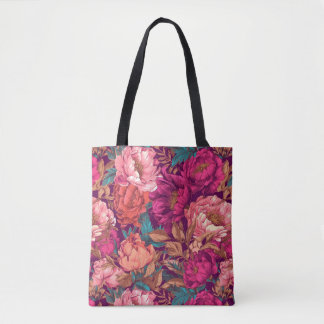 Magenta Roze en Teal Maximalistische Bloemen Tote Bag