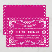 Magenta roze en witte papel picado Quinceañera Kaart (Voorkant / Achterkant)