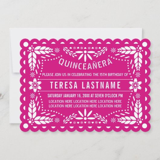 Magenta roze en witte papel picado Quinceañera Kaart (Voorkant)