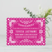 Magenta roze en witte papel picado Quinceañera Kaart (Staand voorkant)