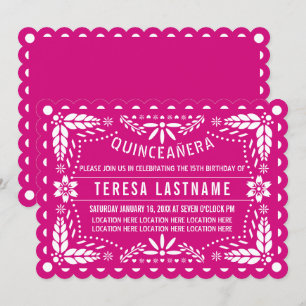 Magenta roze en witte papel picado Quinceañera Kaart