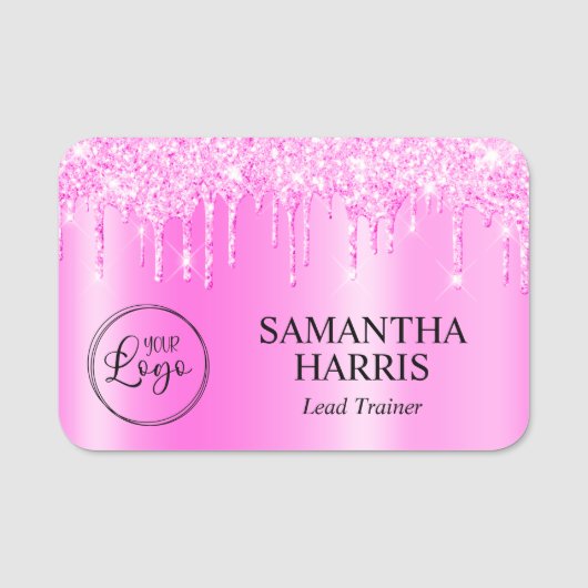 Magenta Roze Glitter Druppels Glans Naamplaatje (Voorkant)