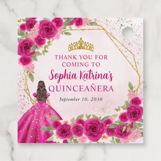 Magenta Roze Goud Bloemen Prinses Tiara Dank u Bedankjes Labels (Achterkant)