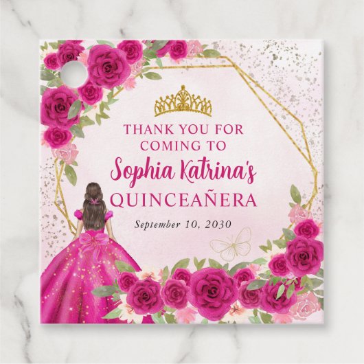 Magenta Roze Goud Bloemen Prinses Tiara Dank u Bedankjes Labels (Voorkant)