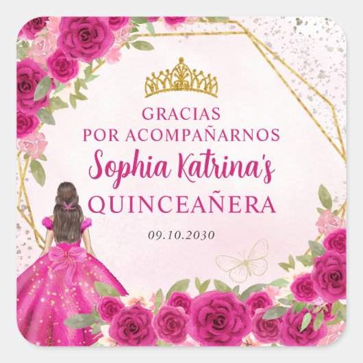 Magenta Roze Goud Bloemen Prinses Tiara Dank u Vierkante Sticker (Voorkant)
