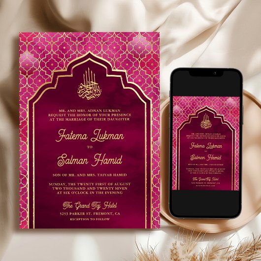 Magenta Roze Goud Marokkaanse Arch Moslim Bruiloft Kaart