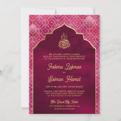 Magenta Roze Goud Marokkaanse Arch Moslim Bruiloft Kaart (Voorkant)