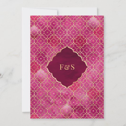 Magenta Roze Goud Marokkaanse Arch Moslim Bruiloft Kaart (Achterkant)