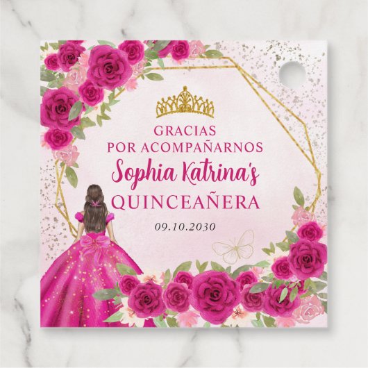 Magenta Roze Gouden Bloemen Prinses Tiara Gracias Bedankjes Labels (Achterkant)