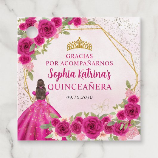 Magenta Roze Gouden Bloemen Prinses Tiara Gracias Bedankjes Labels (Voorkant)
