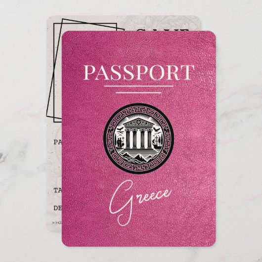 Magenta Roze Griekenland Paspoort Save the Date Ka (Voorkant / Achterkant)
