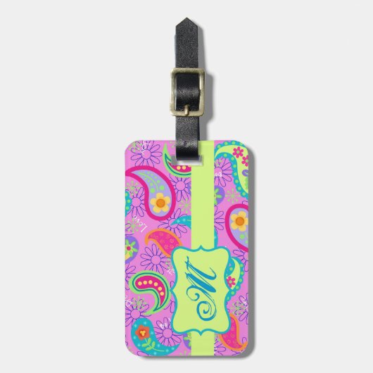 Magenta roze groen modern paisleypatroon bagagelabel (Voorkant verticaal)