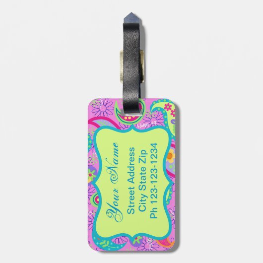 Magenta roze groen modern paisleypatroon bagagelabel (Achterkant verticaal)