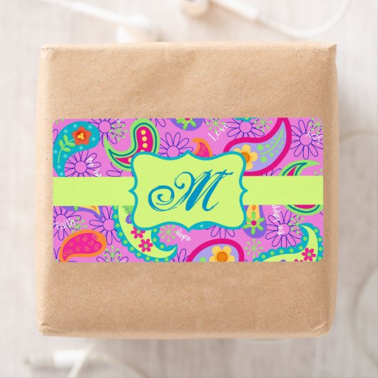 Magenta roze groen modern paisleypatroon etiket (Insitu)