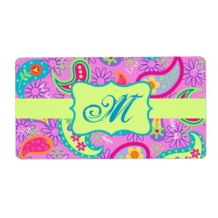 Magenta roze groen modern paisleypatroon etiket
