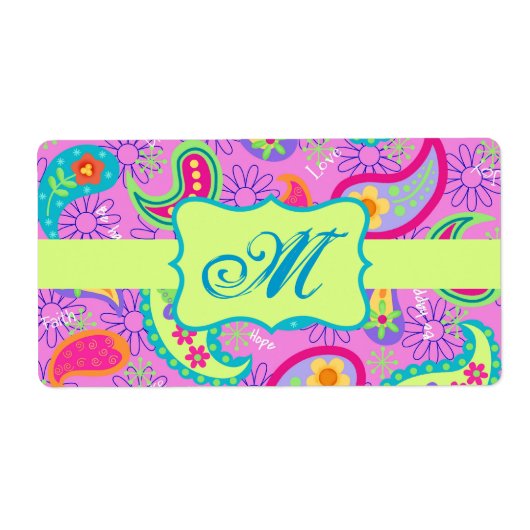 Magenta roze groen modern paisleypatroon etiket (Voorkant)