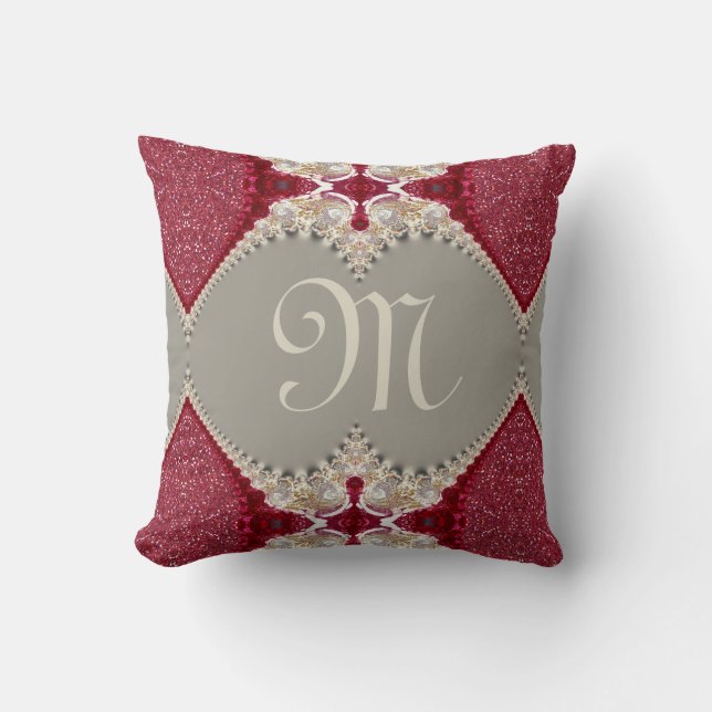 Magenta Roze Kanten FX Monogram Rood Wit Kussen (Voorkant)