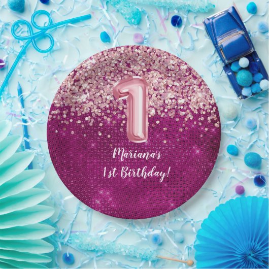 Magenta roze Kinder meisje 1e verjaardag Papieren Bordje (Feest)