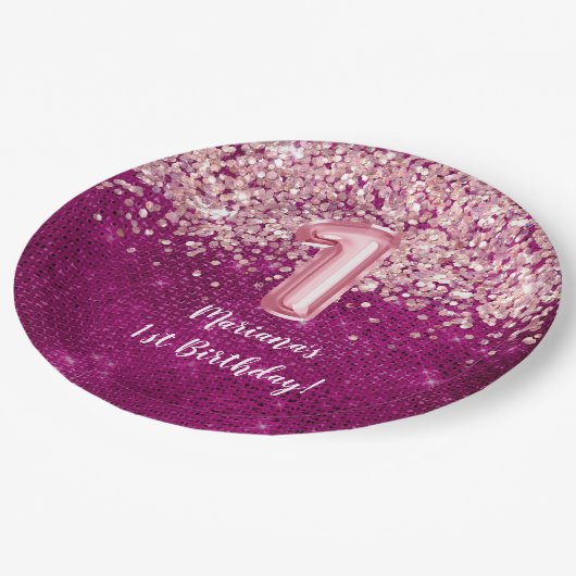 Magenta roze Kinder meisje 1e verjaardag Papieren Bordje (Gekanteld)