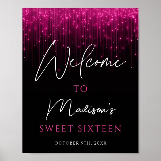 Magenta Roze Lichten Zwart Sweet 16 Welkom Poster (Voorkant)