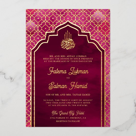 Magenta roze Marokkaanse Arch moslim bruiloft goud Folie Uitnodiging (Voorkant)
