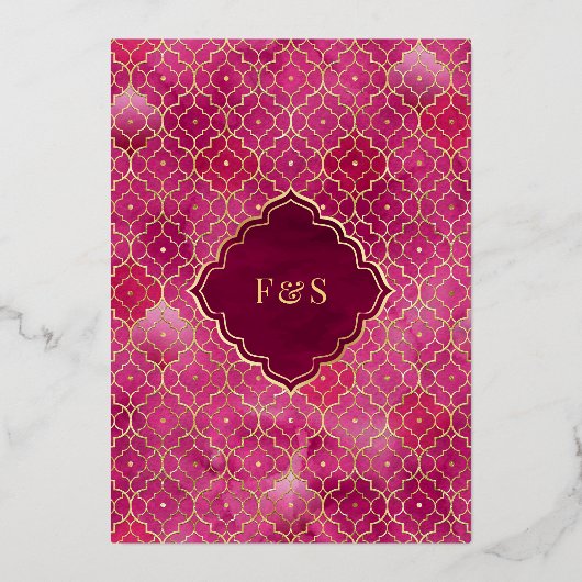 Magenta roze Marokkaanse Arch moslim bruiloft goud Folie Uitnodiging (Achterkant)