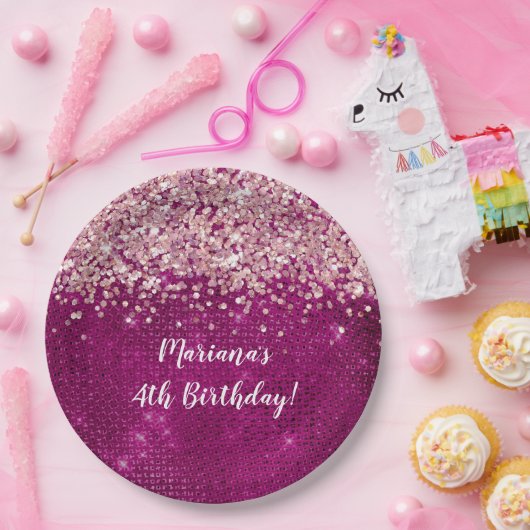 magenta roze meisje elke leeftijd verjaardagsfeest papieren bordje (Feest)