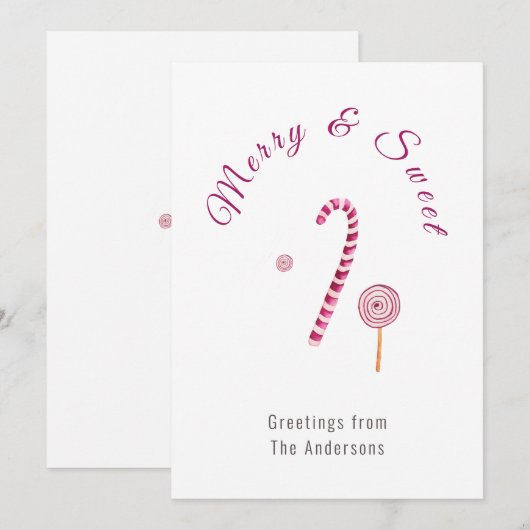 Magenta roze Merry & sweet candy cane waterverf Feestdagenkaart (Voorkant / Achterkant)