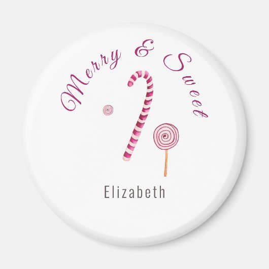 Magenta roze Merry & sweet candy cane waterverf Magneet (Voorkant)